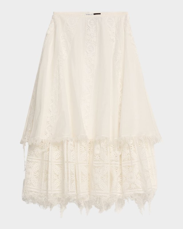 Lace-Inset Layered Midi Skirt